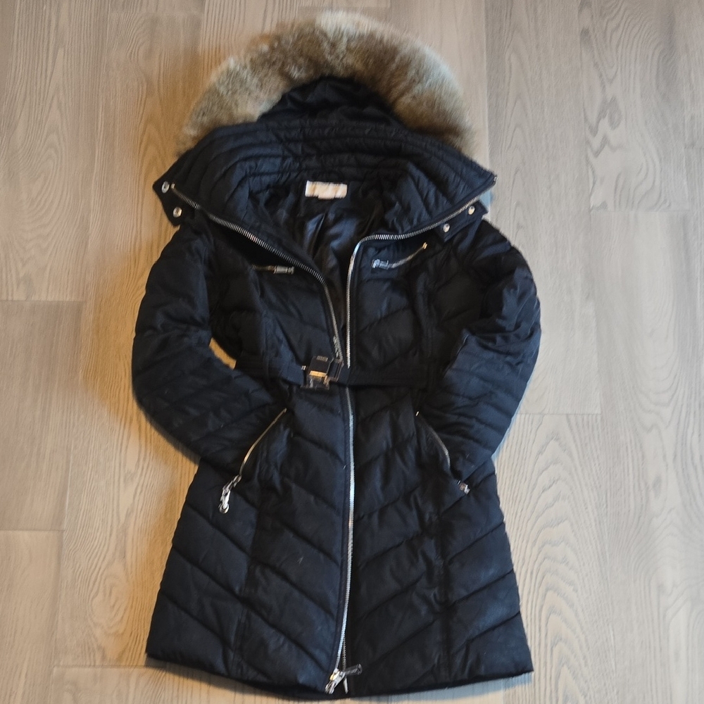 Michael Kors Black Quilted Puffer Coat with Faux Fur Hood